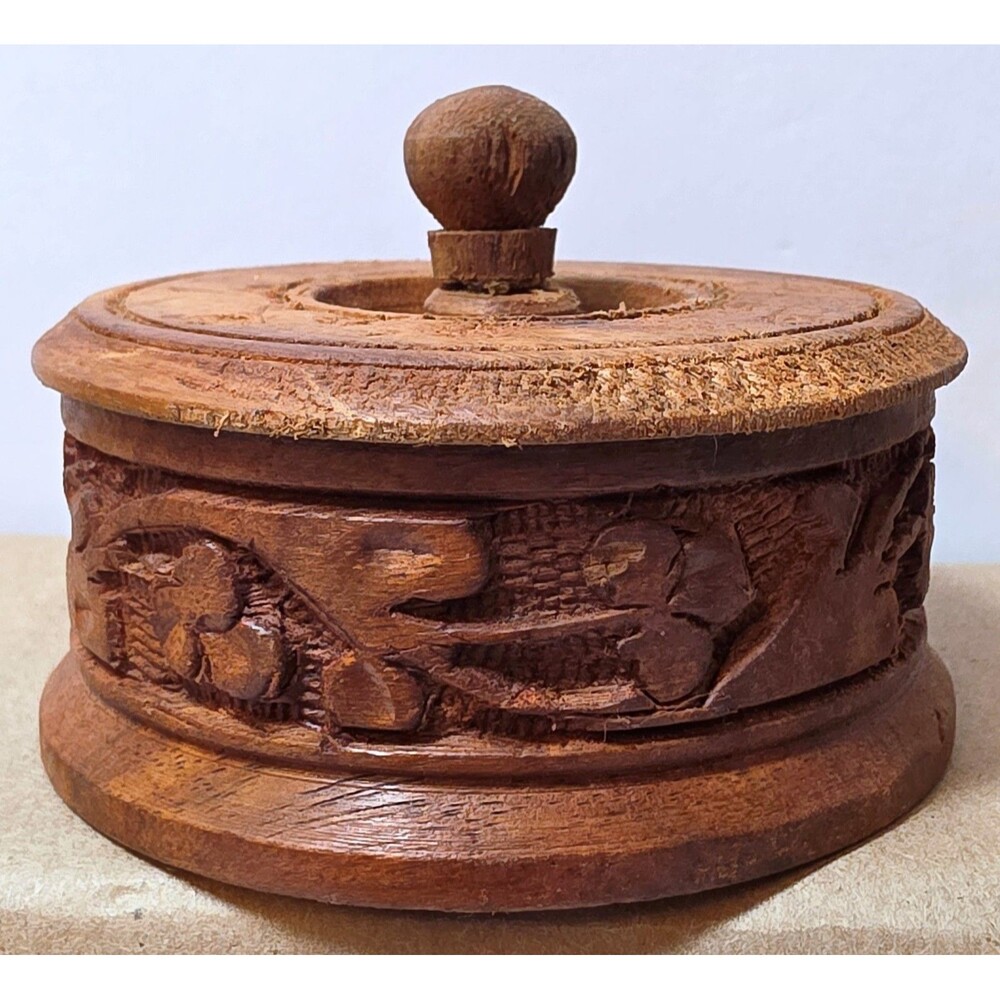 Vintage Indian Hand Carved Sheesham Wood Round Trinket Box Lid Stash Jar Floral